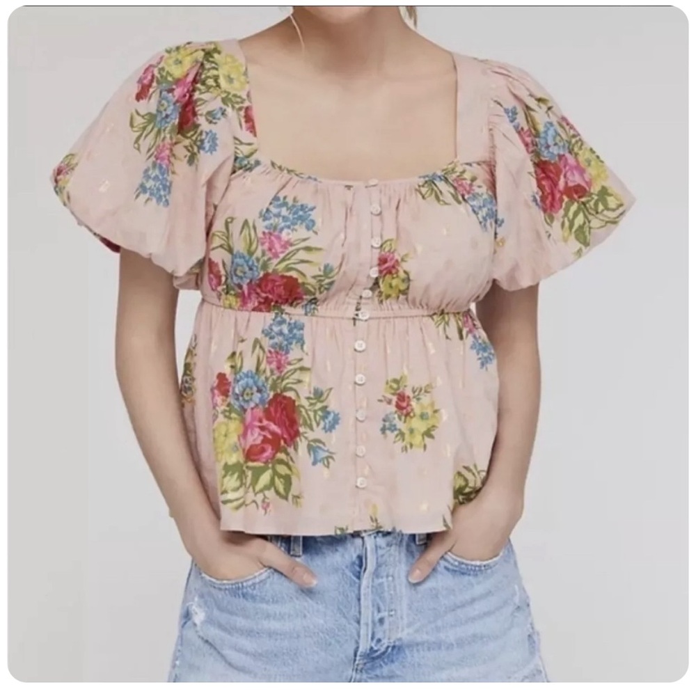 Anthropologie Puff Sleeved Rosette Shirt by Love the Label
